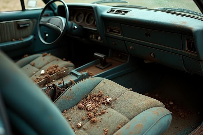 Interior de un auto con asientos manchados y polvo.